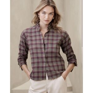 Banana Republic Top Womens S Sugar Plum Plaid Flannel Ruffle Neck Preppy Boho